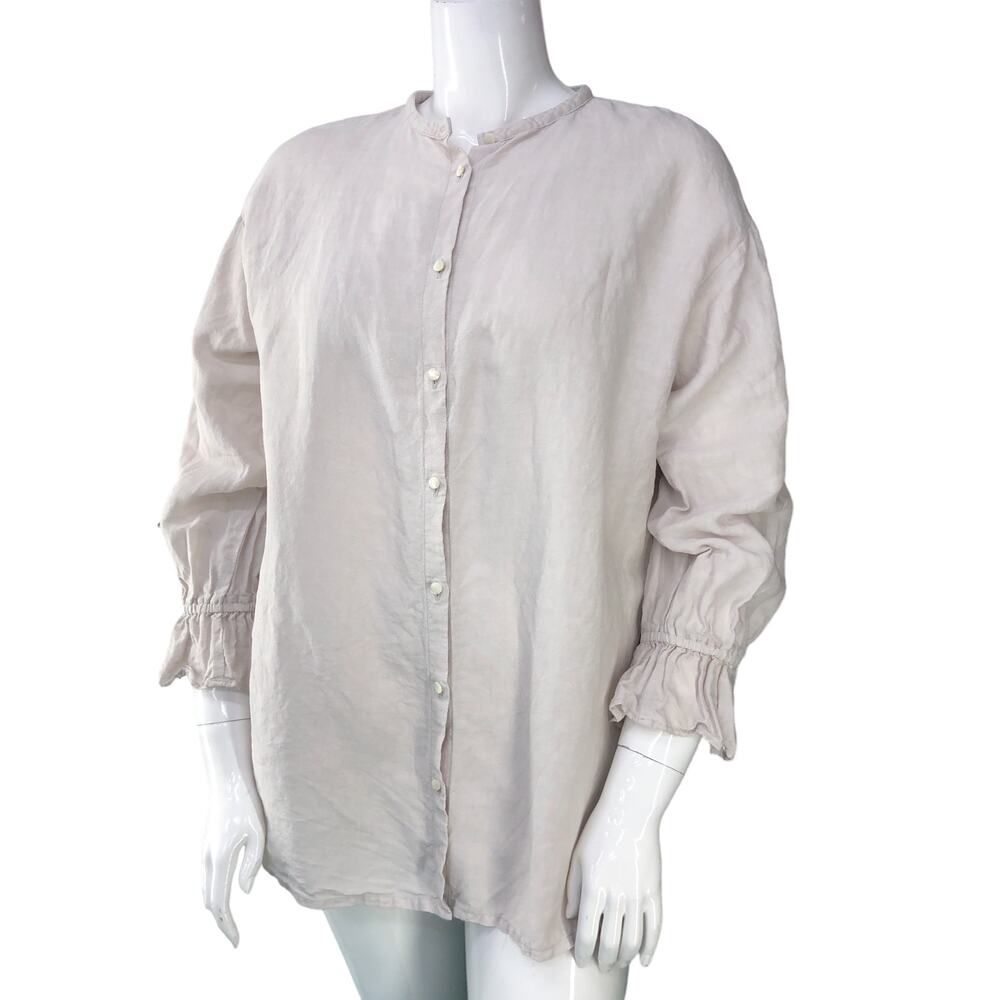 Nest Robe Womens Size OS One Size Blouse Button Up Band Collar Linen Ruched Cuff